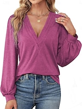 abordables Hauts Unis pour Femmes-Femme Chemise Chemisier Couleur unie mode Décontractées manche longue Col V Hauts réguliers du quotidien Fuchsia Vert Eté Printemps