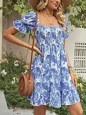 ieftine Tipăriți rochii florale-Pentru femei Rochie Mini Rochie casual Rochie de vară Rochie Boho Elegant Stilat Manșon de lanternă Vacanță Zilnic Dată Fit regulat Grafic Manșon scurt De Pe Umăr Albastru regal Vară