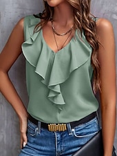 cheap Tank Tops &amp; Camis-Women&#039;s Camisole Tank Top Solid Color Stylish Casual Sleeveless V Neck Regular Tops Daily Ruffle Pink Green Beige Summer Spring Fall