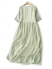 economico Vestiti-Per donna Abito maxi Abiti in cotone e lino Vestito Casual Vestito a ruota Abito lungo in cotone Essenziale Casual Vacanza Quotidiano Vestibilità regolare Floreale Mezza Manica Girocollo Bianco Verde