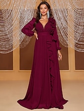 cheap GREEN-A-Line Evening Gown Elegant Dress Formal Wedding Floor Length Long Sleeve V Neck Chiffon with Ruffles Shouder Flower
