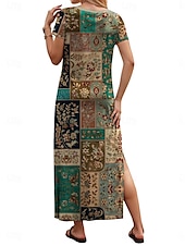preiswerte Boho Kleider-Damen Maxikleid Freizeitkleid Boho Chic Kleider Maxidress Sommerkleid Bohemien Niedlich Stilvoll Urlaub Täglich Strand Normale Passform Grafik Kurzarm Rundhalsausschnitt Grün Sommer Frühling
