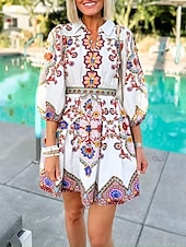 tanie Sukienki boho-Damskie Sukienka mini Sukienka A line Sukienka Boho Elegancja Bohema Śłodkie Latarnia rękawem Urlop Codzienny Randka Luźna Graficzny Rękaw 1/2 W serek Biały Lato Wiosna Jesień