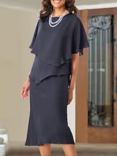 economico Lunghezza del tè-Abito A-Line per la madre della sposa Ospite di nozze Elegante Taglie forti Collo a gioiello Lunghezza tè Chiffon Maniche corte con rouches 2025 taglia personalizzata gratuita