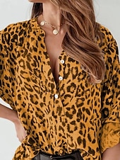 billige Kvinnenes arbeids topper-Dame Skjorte Bluse Leopard Stilfull Fritid Langermet Høyhalset Vanlige topper Daglig Knapper Trykt mønster Sølv Gul Beige Sommer Vår