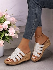 abordables Sandales Décontractées-sandales compensées dorées à lanières pour femmes avec semelle en imitation liège – chaussures d&#039;été élégantes pour les tenues décontractées et de plage