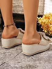 Недорогие Женские сандалии-босоножки на танкетке с золотистым металлическим бантом для женщин - гламурные босоножки на платформе для повседневных летних прогулок