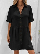 abordables Robe Simple-Robe-chemise courte pour femme, basique, décontractée, pour le quotidien, les vacances, coupe classique, manches courtes, col, noir, rose, abricot, été