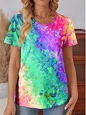 cheap Tie Dye&amp;Gradient tee-Women&#039;s T Shirt Gradient Casual Short Sleeve Round Neck Regular Tops Daily Print Blue Purple Green Rainbow Summer