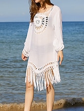 preiswerte Strandkleider-Damen Badeanzug Zudecken Schwimm-Kleid Bademode Fransensaum Ausgeschnitten Urlaub Strandbekleidung Glatt Langarm Badeanzüge