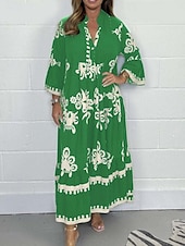 billige Uformelle blomsterkjoler-Dame Maxikjole Uformell kjole Boho elegante kjoler Boho-kjole Bohem Stilfull Fritid Feriereise Daglig Strand Løstsittende Grafisk 3/4 ermer V-hals Svart Rød Grønn Beige Sommer Vår