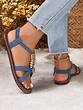 cheap Women&#039;s Sandals-Women&#039;s Black Bohemian Sandals with Beaded Embellishments, Cross Straps and Flat Sole for Summer Beachwear and Casual Outings