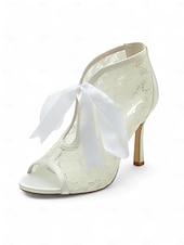 ieftine Casual-papuci de damă din dantelă albă cu vârf deschis la gleznă cu cravată panglică din satin – pantofi de mireasă eleganți cu toc înalt pentru mirese