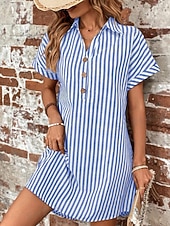 cheap Stripe&amp;Geometric Dress-Women's Midi Dress Shirt Dress Stylish Casual Vacation Daily Regular Fit Stripe Short Sleeve Shirt Collar Black Blue Summer