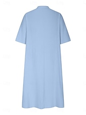 cheap Design Cotton &amp; Linen Dresses-Women&#039;s Midi Dress Cotton Linen Dresses Basic Casual Vacation Daily Regular Fit Plain 3/4 Length Sleeve Notched Neck Black Red Purple Light Blue Summer