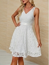 cheap Little White Dresses-Engagement Little Graduation White Dresses Wedding Dresses A-Line V Neck Sleeveless Knee Length Satin Bridal Gowns With Sash / Ribbon 2025