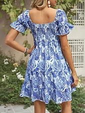 ieftine Tipăriți rochii florale-Pentru femei Rochie Mini Rochie casual Rochie de vară Rochie Boho Elegant Stilat Manșon de lanternă Vacanță Zilnic Dată Fit regulat Grafic Manșon scurt De Pe Umăr Albastru regal Vară