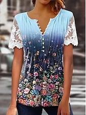 cheap Boho tee-Women&#039;s Lace Splicing Top Graphic Flowers Elegant Bohemia Fashion Short Sleeve Flutter Sleeve Round Neck Regular Tops Daily Weekend Vacation Wear Lace Patchwork Print White Light Green Navy Blue Blue