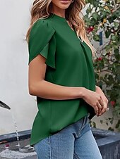 voordelige Vrouwen Werk Tops-Dames Overhemd Blouse Effen Kleur Basic Casual Korte mouw Gekerfde nek Normale tops Dagelijks Blozend Roze Groen Zomer