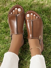 preiswerte Flache Sandalen-braune offene Sandalen aus Kunstleder für Damen – lässige Slingback-Flats mit Strass-Schnalle für den Sommer &amp; den Alltag