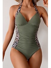 preiswerte Einteilige Badeanzüge-Damen Badeanzug Ein Stück Monokini Bademode Rückenfrei Bauchkontrolle Hohe Taillenlinie Schlank Urlaub Strandbekleidung Leopard Halfterhals Ärmellos Badeanzüge