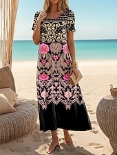 preiswerte Boho Kleider-Damen Maxi Kleid Freizeitkleid Sommerkleid Shift Kleid Lässige Tägliche Lässige Passform Floral Kurzarm Rundhalsausschnitt Schwarz Sommer
