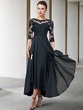 billiga Golvlängd-A-Linje Mor till Bruden Klänning Bröllopsgäst Elegant Plus Size Hög Låg Juvelhals Asymmetrisk Te-Längd Chiffong Spets Halvärmd med Rynkade Applikationer gratis skräddarsydd storlek