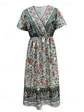 billiga Bohemklänningar-Dam Långklänning Maxiklänning Vardagsklänning A linjeklänning Sommarklänning Boho-klänning Elegant Hawaiisk Stylish Semester Dagligen Datum Normal Blommig Kortärmad V-hals Grön Sommar