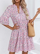 preiswerte Druck Blumen Kleider-Damen Minikleid Casual kleid Boho Chic Kleider A Linie Kleid Boho-Kleid Böhmen Vintage Urlaub Täglich Regular Fit Blumen 3/4 Ärmel Gekerbter Hals Rosa Blau Sommer