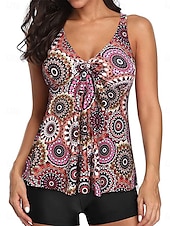 voordelige Tankini&#039;s-Dames Zwemkleding 2 stuks Jongen been Zwempak Blote rug Hoge taille Slank Vakantie Strand Kleding Grafisch V-hals Mouwloos Badpakken