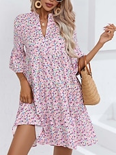 preiswerte Druck Blumen Kleider-Damen Minikleid Casual kleid Boho Chic Kleider A Linie Kleid Boho-Kleid Böhmen Vintage Urlaub Täglich Regular Fit Blumen 3/4 Ärmel Gekerbter Hals Rosa Blau Sommer