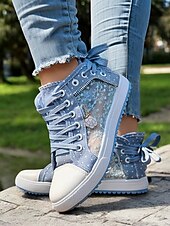 economico Sneakers da donna-sneakers alte in tela con lacci blu da donna con pannelli in rete ricamati, design a pois per abbigliamento casual e outdoor