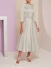 A-Line Dress Mother of the Bride Dress Elegant Vintage Bateau Neck Tea Length Satin 3/4 Length Sleeve with Beading Race Day Dress 10