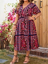 halpa Boho-mekot-Naisten Pitkä mekko Maxi mekko Rento mekko A linjainen mekko Kesämekko Boho-mekko Tyylikäs Havaijilainen Loma Päivittäin Deitti Ylisuuret Kukka Lyhythihainen Solmittava kaula Rubiini Kesä