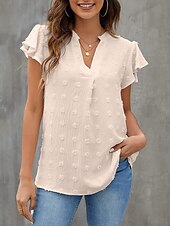 abordables Hauts Unis pour Femmes-Femme Chemise Chemisier Couleur unie mode Décontractées Manche Courte Col cranté Hauts réguliers du quotidien A Volants Blanche Beige Eté