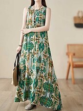 cheap Print Cotton &amp; Linen Dresses-Women&#039;s Maxi Dress Cotton Linen Dresses Casual Dress Boho Chic Dresses Tank Dress Bohemia Casual Boho Vacation Daily Beach Loose Fit Geometric Sleeveless Crew Neck Green Summer