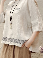 preiswerte Hemden-Damen Hemd Bluse Baumwoll-Leinen-Hemden Geometrisch Basic Lässig Dreiviertelarm Rundhalsausschnitt Normale Oberteile Täglich Patchwork Weiß Braun Grün Sommer Frühling