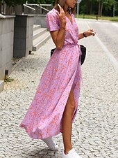 abordables Robes fleuries décontractées-Femme Robe Maxi Robe casual Robe Portefeuille Robe Trapèze mode Décontractées Vacances du quotidien Standard Floral Manche Courte Col V Rose Claire Rouge Eté