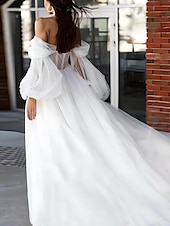 cheap Wedding Dresses-Beach Wedding Dresses A-Line Sweetheart Puff Sleeve Tulle Bridal Gowns With Ruched Details