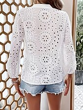 billige Blonder topper-Dame Skjorte Bluse عادي Stilfull Fritid Langermet V-hals Vanlige topper Daglig Snørehull Hvit Vår Høst