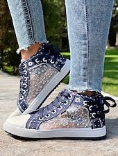 economico Sneakers da donna-sneakers alte in tela con lacci blu da donna con pannelli in rete ricamati, design a pois per abbigliamento casual e outdoor