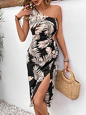 cheap Vacation Dresses-Women&#039;s Midi Dress Casual Dress Bodycon Stylish Casual Vacation Daily Regular Fit Leaf Sleeveless One Shoulder Black Summer