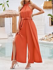 cheap Vacation Jumpsuit-Women&#039;s Normal Jumpsuit Active Solid Color Sleeveless Halter Neck High Waist Tie Belt Vacation Daily Regular Fit Red Green Summer
