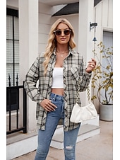 cheap Women&#039;s Graphic Tops-Women&#039;s Shirt Boho Shirt Dressy Tops Plaid Casual Boho Long Sleeve Bishop Sleeve V Neck Long Tops Work Daily Going out Pink Dusty Blue Purple Khaki Dark Gray Spring Fall