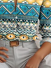 billige Kvinne Boho Topper-Dame Skjorte Geometrisk Fargeblokk Fritid Langermet Skjortekrage Vanlige topper Arbeid Daglig Knapper Trykt mønster Blå Vår Høst Vinter