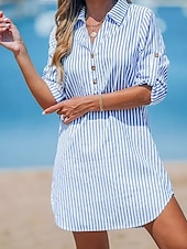 ieftine Rochii tip cămașă-Pentru femei Rochie Mini Rochii Tip Cămașă Rochie casual Rochie de vară Stilat Casual Vacanță Zilnic Dată Fit regulat Dunga Manșon Lung Rever Albastru piscină Vară Primăvară