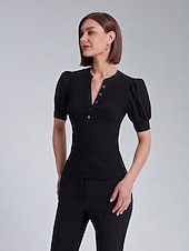 economico Bluse e camicie-Per donna Tinta unica Formale All&#039;aperto Ufficio Manica a Palloncino Nero Rosa Manica a sbuffo Manette Bottoni Davanti Manica Corta Elegante Moda Casual Quotidiano Dentellato Estate Primavera