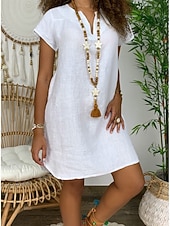 abordables concevoir des robes en coton et lin-Femmes Mini Robe Robes en coton et lin Robe Décontractée Basique Occasionnel Vacances Quotidien Coupe régulière Uni Manche Courte Encolure en V Noir Blanche Jaune Vert Véronèse Été