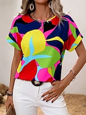 billige Kunst &amp; Design t-skjorte-Dame Skjorte Bluse Geometrisk Stilfull Fritid Kortermet Crew-hals Vanlige topper Daglig Trykt mønster Gul Sommer Vår