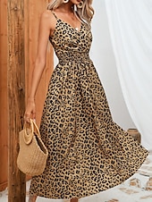 preiswerte Kleider für die Ferien-Damen Maxidress Casual kleid A Linie Kleid skims dress Stilvoll Brautkleider schlicht Urlaub Täglich Regular Fit Leopard Ärmellos Gurt Weiß Gelb Sommer